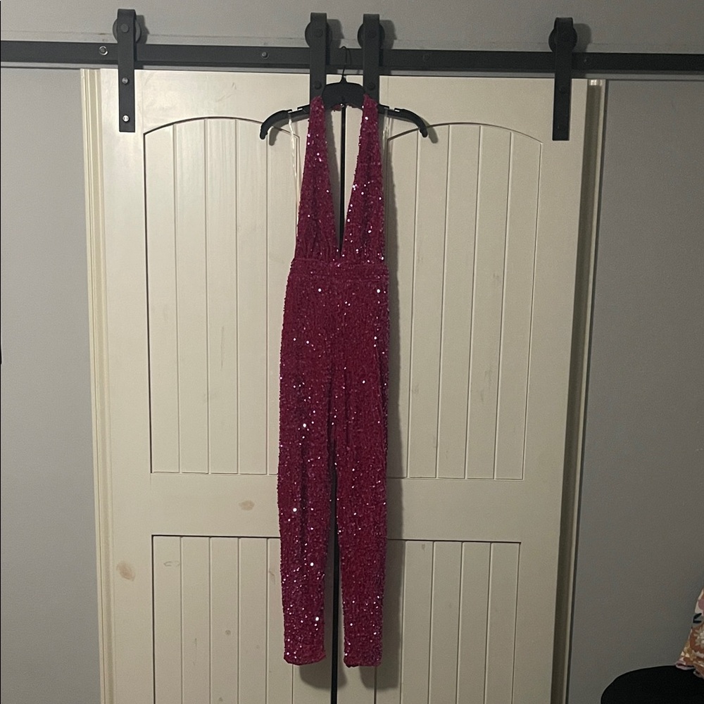 Sequin Halter Jumpsuit in Hot Pink